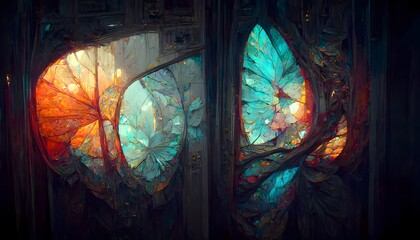 Candypunk Rayonnant Style Circular Stained Glass Windows Symmetrical Backlighting intricate details 32K ultra high resolution 