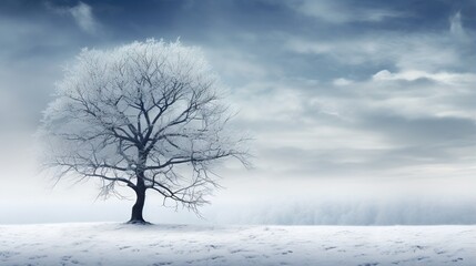  a lone tree in a snowy field with a sky background.  generative ai