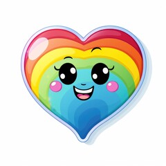 A heart shaped sticker with a smiling face. Digital art. Cute rainbow sticker.
