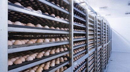 Chicken eggs in the trolley on the storage room, are eggs that are ready to be hatched into the...