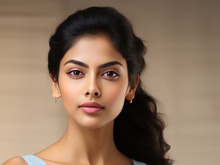 A beautiful Indian girl with glowing skin using beauty products, showcasing inner and outer beauty harmony