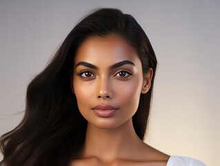 Obraz na płótnie Canvas A beautiful Indian girl showcasing a skincare product with her glowing complexion in a commercial