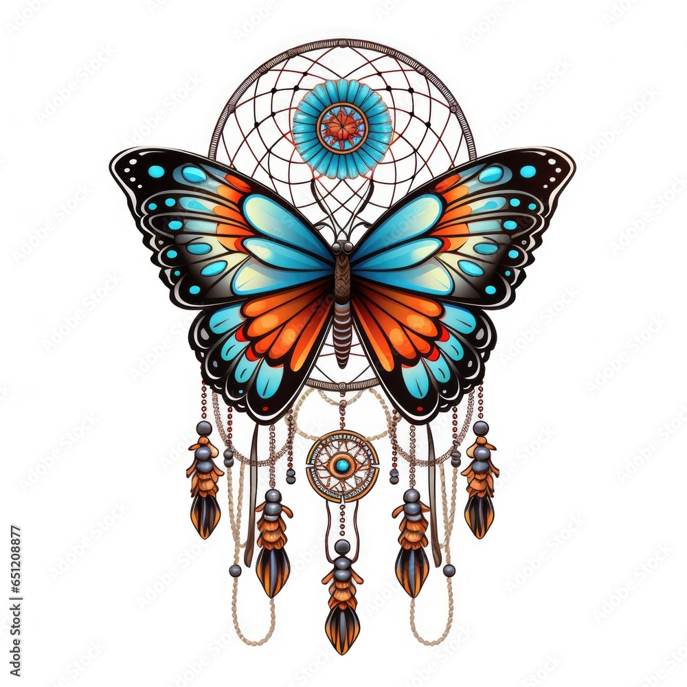 Wall mural a butterfly with a dream catcher on its back. digital art. tribal-inspired design.