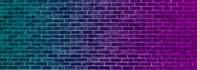 Neon lighting effect on empty brick wall background.