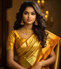 Young gorgeous indian lady from Tamil Nadu in Kanchipuram silk yellow and golden colored saree radiating elegance and captivating charm