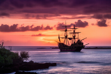 Obraz premium A pirate ship in the purple sunset. AI Generated