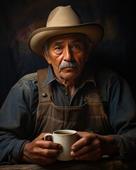 A middle-aged man (45) from Mexico savoring a cup of coffee, his contemplative expression embodying quiet moments