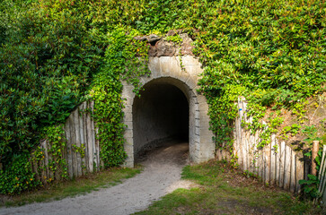 Landscape of Heidestein nature reserve between Zeist and Driebergen-Rijsenburg, pathway through the old tunnel in the forest