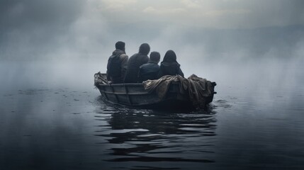 Syrian refugee family of immigrants on a little old boat in thiсk fog seeking for shelter and relocation or people running from war and infringement of rights by water - obrazy, fototapety, plakaty