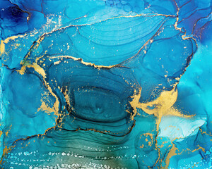 Cyan blue liquid watercolor background with golden stains - 651210292