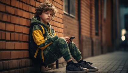 An elementary school boy sitting near brick wall in green clothes holding cell phone demostrating new digital generation Z gadget addiction causing problems in social interaction and low self-esteem