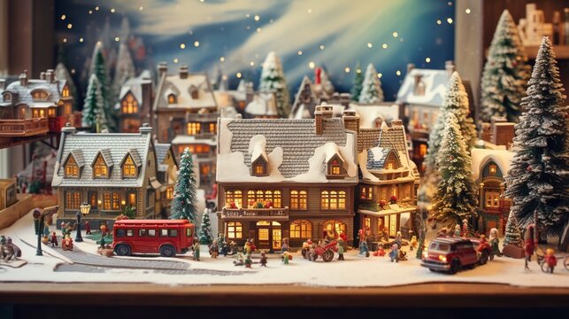  a christmas village with a red bus and snow covered trees.  generative ai