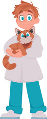 A man is happy and takes care of animals, including an adorable cat. Vector Illustration.
