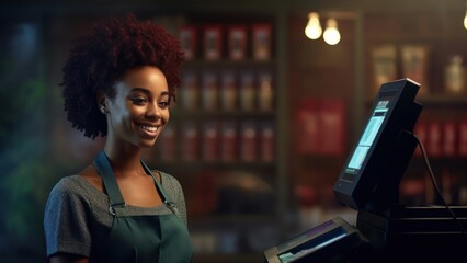 Black Female Cashier Professional Job Expertise Work Environment Background Generative AI - obrazy, fototapety, plakaty