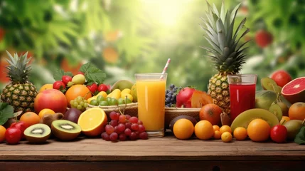  Fresh fruits and juices on wooden table with blur garden background for banner and agriculture. Generative Ai © Areerat