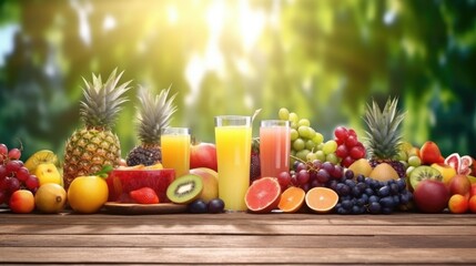 Fresh fruits and juices on wooden table with blur garden background for banner and agriculture. Generative Ai