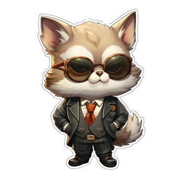 A sticker of a cat wearing a suit and sunglasses. Digital art. Cute mafia boss.