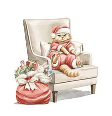 Watercolor composition with cute Christmas little cat kitten character sitting on armchair with presents gift bag isolated on white background. Hand drawn illustration sketch
