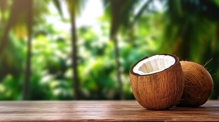 Fototapeta na wymiar Coconut on wooden table with blur coconut tree background for banner and agriculture. Generative Ai