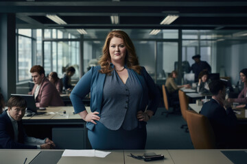 eine Geschäftsfrau mit Übergröße, die in einem Geschäftsbüro steht, a plus size business woman standing in a business office 