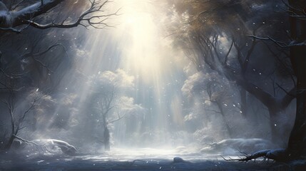  a painting of a snowy forest with sunlight streaming through the trees.  generative ai
