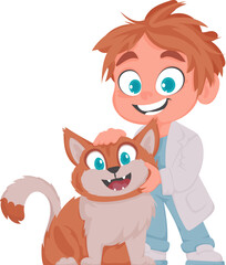 Happy man who takes care of animals and adorable cat. Vector Illustration.