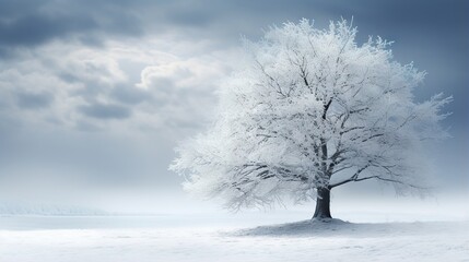  a lone tree in a snowy field with a cloudy sky.  generative ai