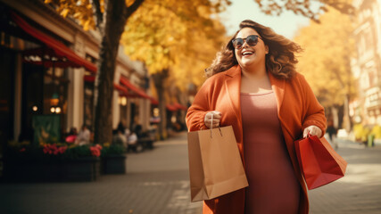 Dicke Frau läuft auf der Straße mit Einkaufstüten, Fat woman walking on the street with shopping bags,