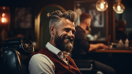 Barbershop concept. Profile side portrait of attractive severe brutal red bearded young guy. He has a perfect hairstyle, modern stylish haircut