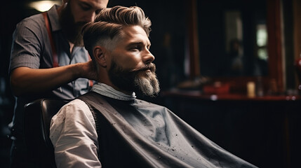 Barbershop concept. portrait of attractive severe brutal red bearded young guy. He has a perfect hairstyle, modern stylish haircut - obrazy, fototapety, plakaty