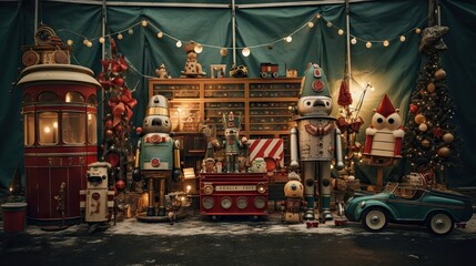  a display of christmas decorations and toys in a room with a green curtain.  generative ai