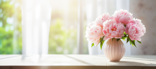 A vase with ribbed texture of light pink peonies on a wooden table in front of a window with white curtains. The background is a garden or park with green trees and grass. Bright and airy mood. - obrazy, fototapety, plakaty