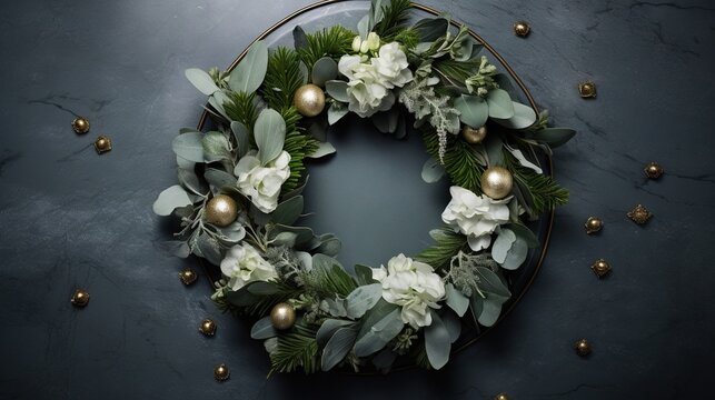  A Wreath With White Flowers And Greenery On A Black Background.  Generative Ai