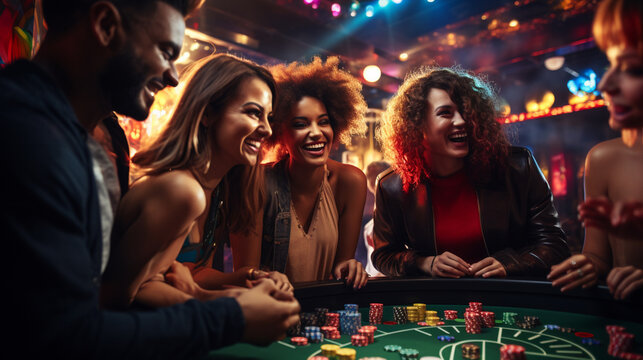 Group of young rich people is playing poker in the casino