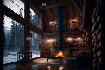 Realestate house for sale wood interior design lodge forest winter night fireplace High resolution 8k 
