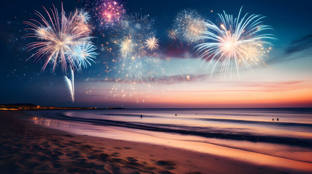 colorful fireworks on sandy beach generated with ai