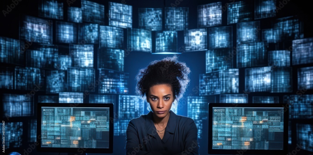 Poster black woman computer programmer employee work role workplace backdrop generative ai
