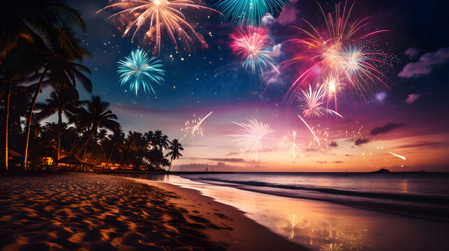 colorful fireworks on sandy beach generated with ai