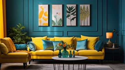A living room with blue walls and yellow furniture