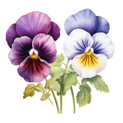 Pansy flower duo in harmonious contrast with one oriented left and its counterpart to the right isolated on a pure white setting