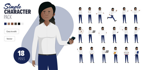 Simple flat female business woman vector character in a set of multiple poses. Easy to edit and isolated on a white background. Modern trendy style character mega pack with lots of poses. 