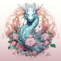 Dragon signifying renewal in pastel shades, adorned with vibrant blossoms and symbols of growth, reflecting the rhythm of rebirth and metamorphosis isolated on white background