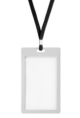 Blank bagde mockup isolated on white. Plain empty name tag mock up hanging on neck with string....