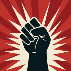 power to the people communist propaganda vector image, Hand Fist with rays around it on red background vector illustration - obrazy, fototapety, plakaty