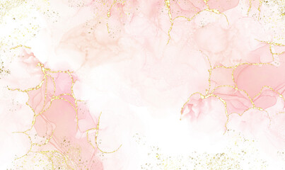 Pink alcohol ink mixed with a beautiful shiny gold pattern. Beautiful abstract ink flow art with translucent background.