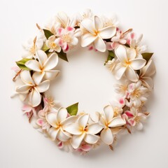 Vintage-themed Plumeria wreath, weaving in classic touches of lace and pearls, splendidly spotlighted isolated on white background