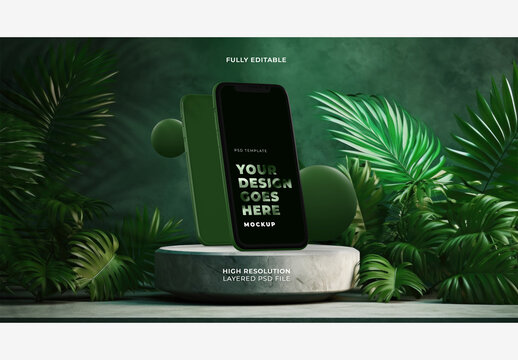 Black Smartphones Mockup with Front View on Dark Background with Green Plants