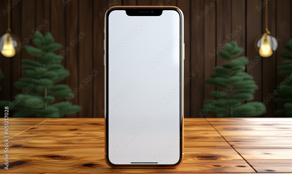 Wall mural isolated smartphone mockup with blank screen on a wooden table