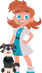 There is a happy lady who helps animals as a doctor, and she also has an adorable dog. Vector Illustration.