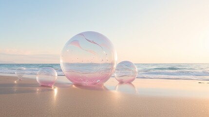  a group of bubbles sitting on top of a sandy beach.  generative ai
